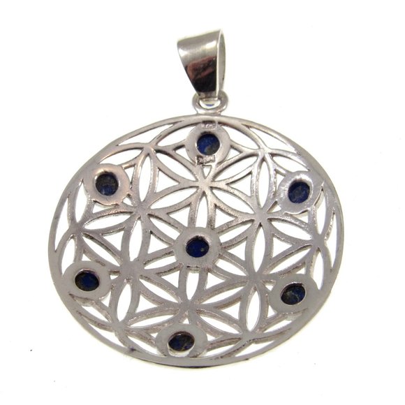 Solid 925 Sterling Silver Flower of Life Pendant with Lapis Lazuli Sacred Symbol - Picture 8 of 8
